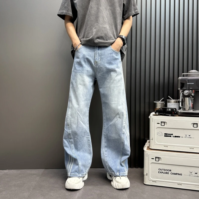 侧条纹弯刀纯色蓝色牛仔裤阔脚宽松百搭男美式男士条纹弯刀牛仔裤