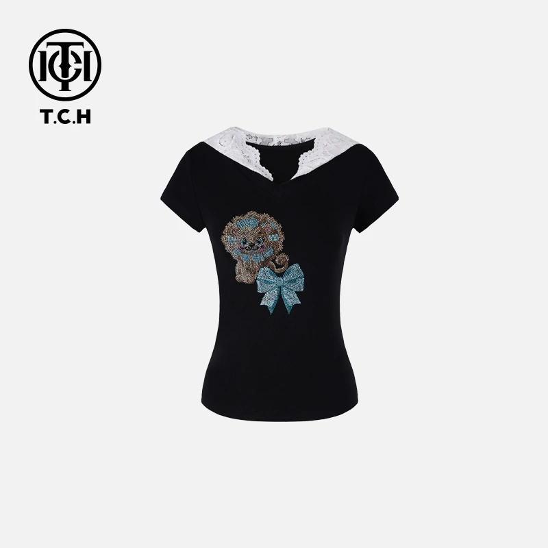 TCH现货私服烫钻工艺小狮子蝴蝶结带帽T恤女T75A10E5018轻奢tch