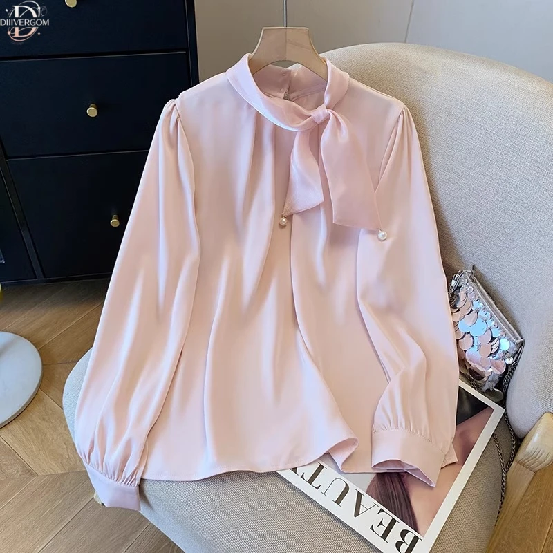 简约气质高级感长袖雪纺衬衫女初秋粉色缎面禅意仙气飘飘小衫上衣