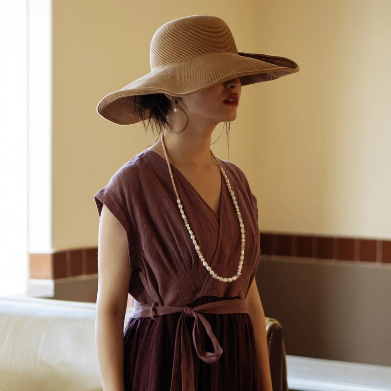 绽放JS065朵/法式遮阳帽旅游度假风百搭大檐帽可折叠编织圆顶草帽