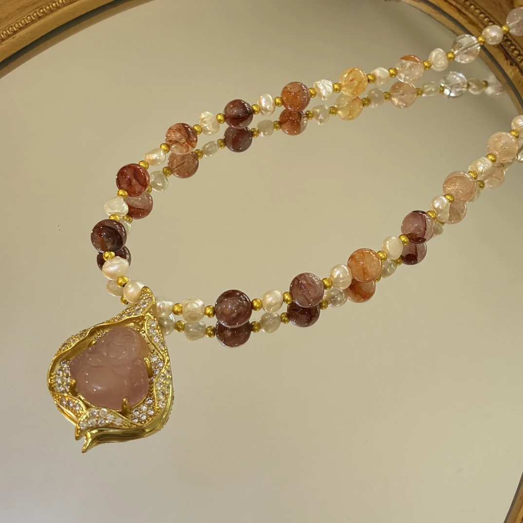 【芙蓉佛公】重工粉玛瑙中古吊坠项链