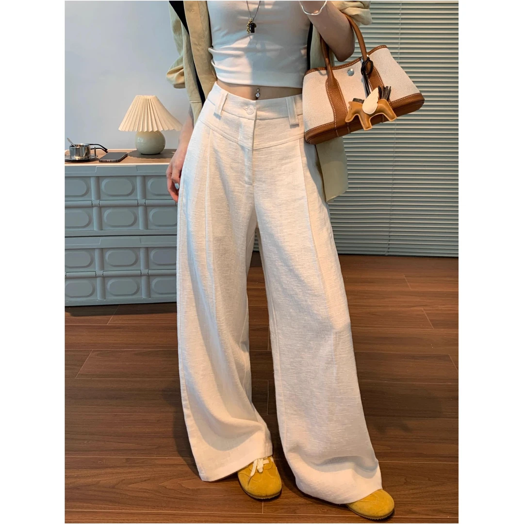 老钱风白色亚麻阔腿裤女夏季新款宽松慵懒高腰显瘦垂感休闲裤