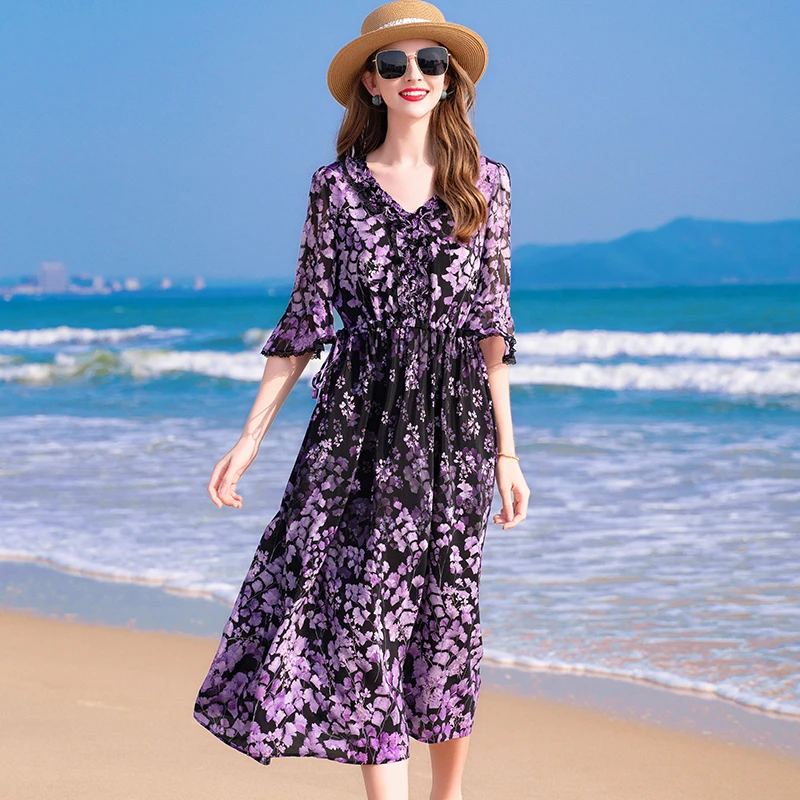 普拉妮100%桑蚕丝宽松夏季休闲气质时尚连衣裙623