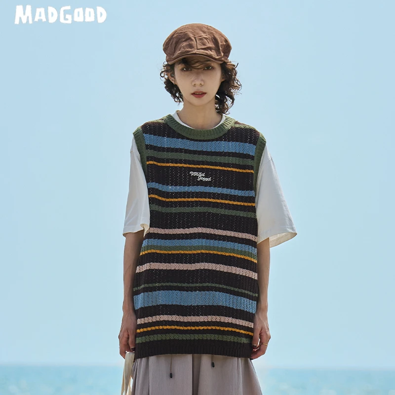 madgood马得工地日系夏季针织圆领套头中性撞色叠穿背心马夹上衣