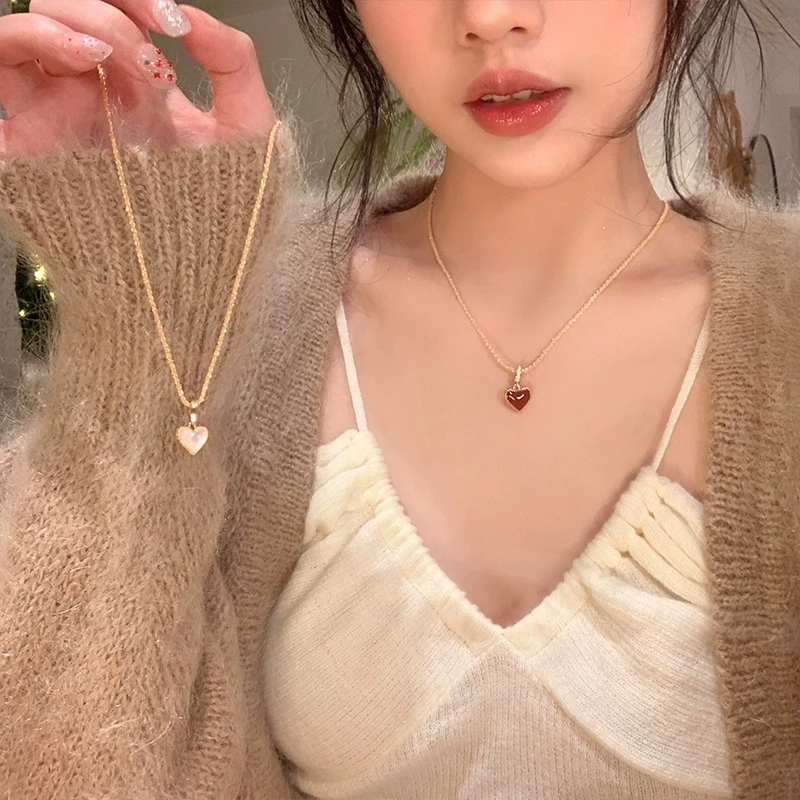 铜项链 秋冬温柔新年红爱心滴油双面项链高级感气质锁骨链毛衣链