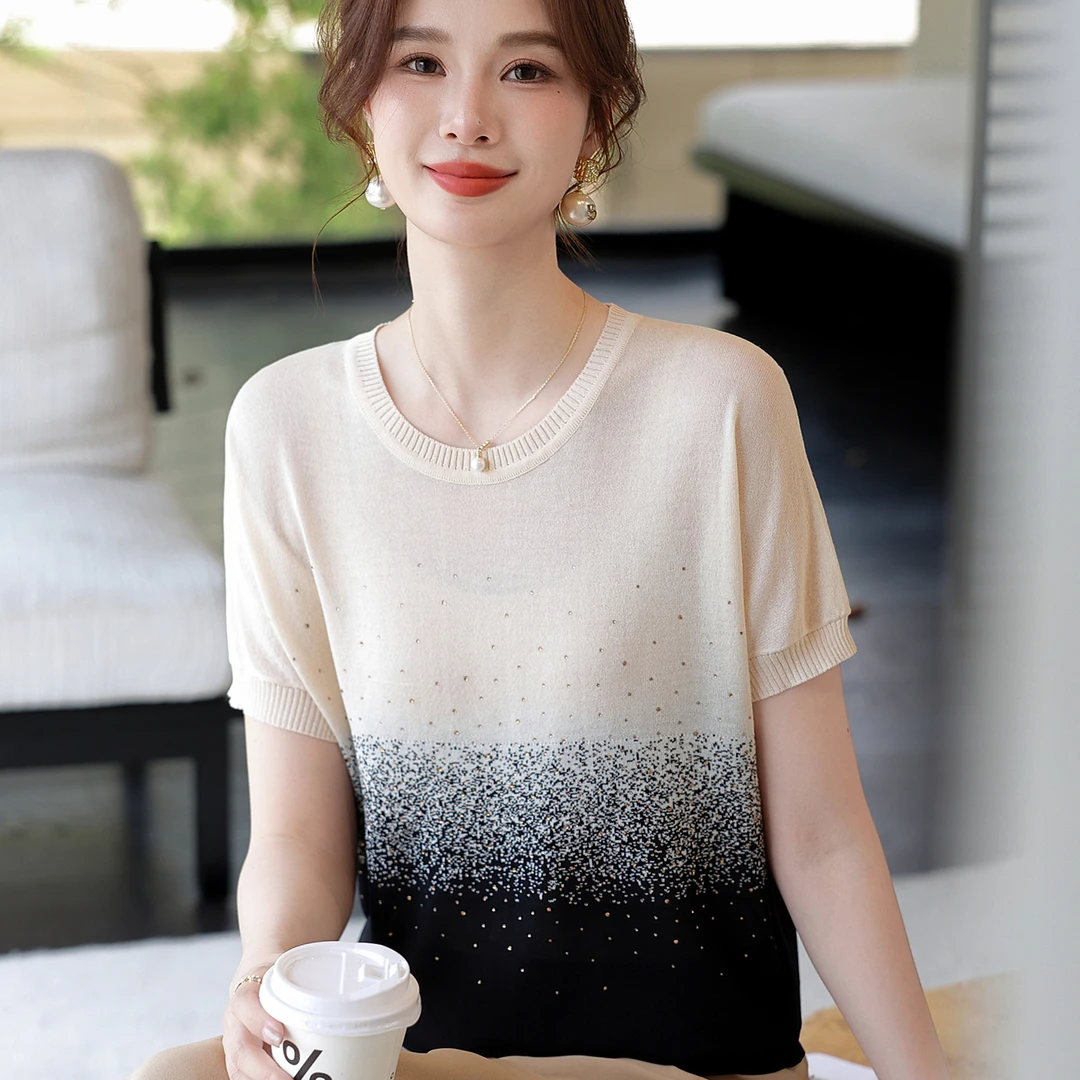 时尚妈妈夏季新款薄上衣宽松针织圆领T恤中老年女士百搭冰丝小衫