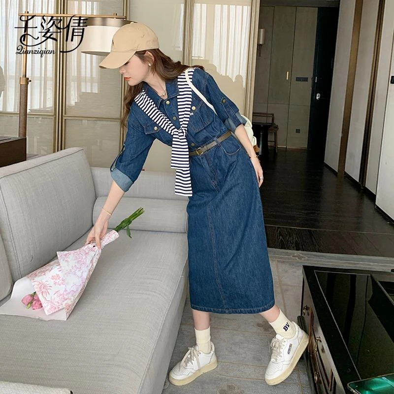 港味复古披肩牛仔连衣裙女2025初春新款小众别致收腰显瘦中长裙子