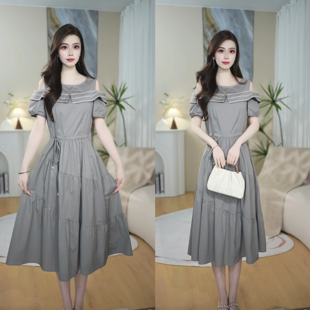 夏季新款中长裙不褪色修身短袖连衣裙显瘦法式时尚自发热