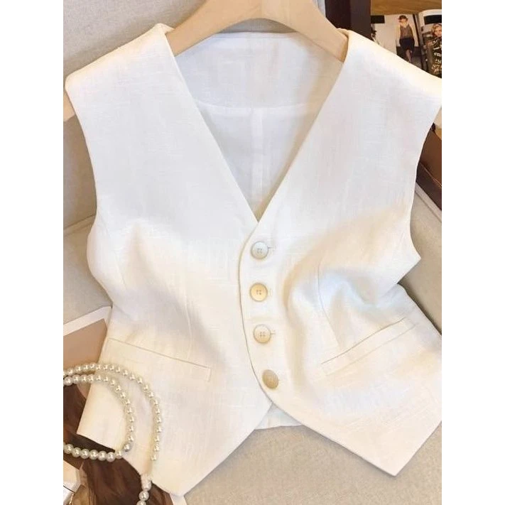 老钱风白色v领马甲背心女夏款法式v领无袖西装别致挖肩小上衣时尚