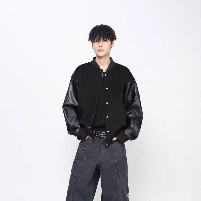 美式复古春秋季休闲解构PU皮拼接棒球服外套男潮牌街头宽松夹克潮