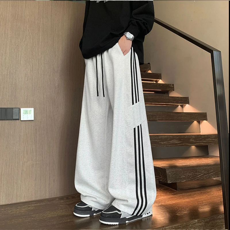 男生春秋新款美式宽松潮流百搭长裤青少年直筒条纹宽松运动休闲裤