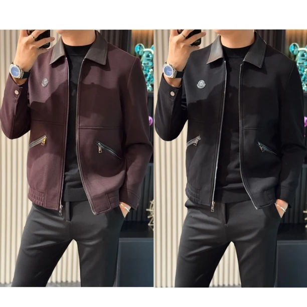 小雨男装｜920秋冬新品翻领莫代尔棉欧货拼皮夹克S