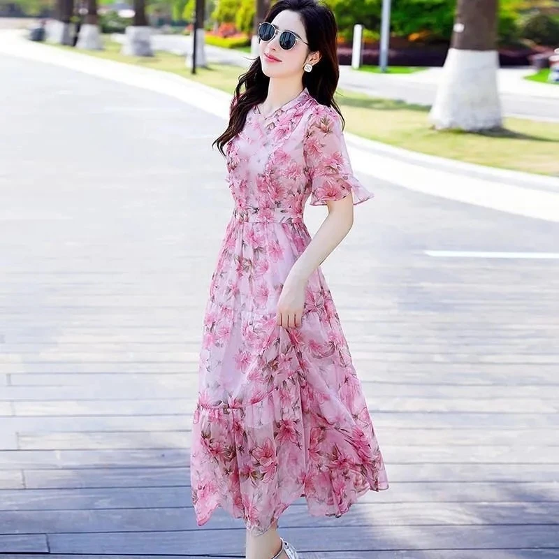 中长款印花连衣裙2025年夏季新款小众法式高腰设计感超仙雪纺裙子