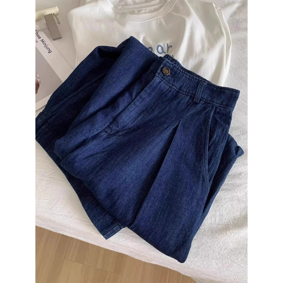 夏季新款日系复古深蓝色牛仔裤女胖mm梨型身材遮肉显瘦阔腿奶奶裤