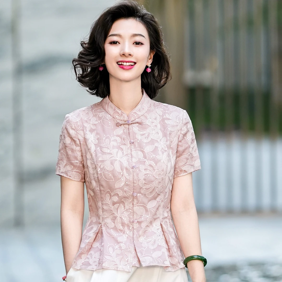 西子/【芭叶莲影】新中式蕾丝盘扣芭叶莲绣花短袖开衫套装/SYBH1691