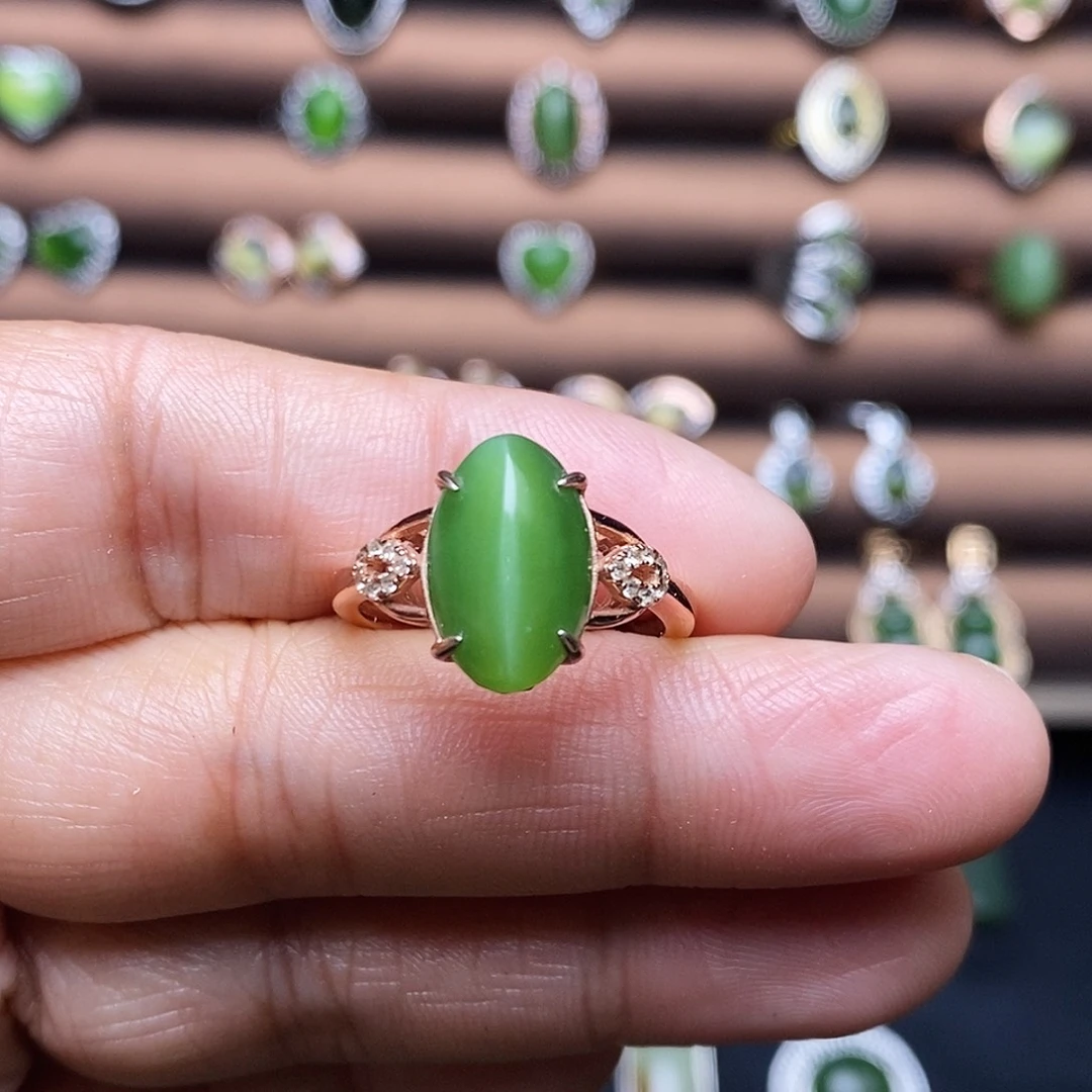 吊坠(不含链)银S925镶嵌和田玉（碧玉）戒指