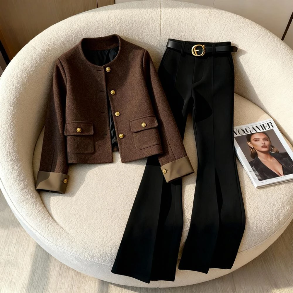 法式复古名媛小香风外套女冬季新款黑色百搭微喇裤气质穿搭一整套