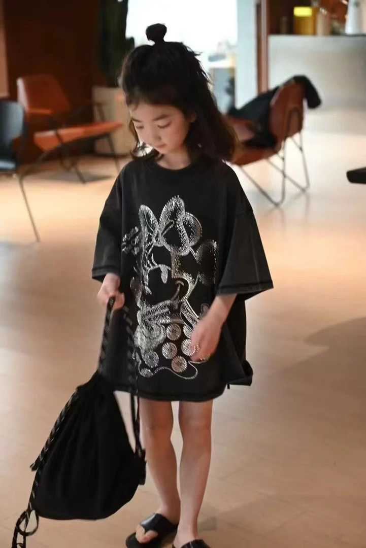 2025夏季爆款烫钻米奇t恤男女童上衣短袖