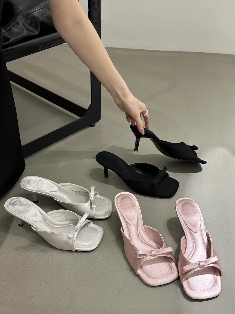 法式感纯色蝴蝶结方头露趾细跟凉拖鞋夏季仙女风外穿高跟鞋