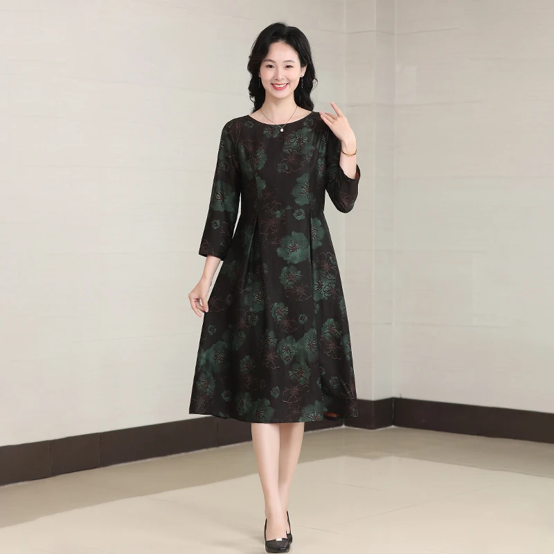 D25L0209真丝香云纱碎花连衣裙女春装高端桑蚕丝轻奢大摆妈妈裙子