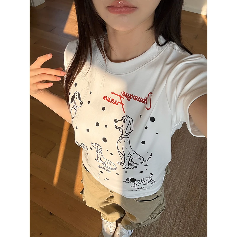 Don Cry美式新款斑点狗印花正肩短袖T恤女夏季款圆领体恤上衣潮牌