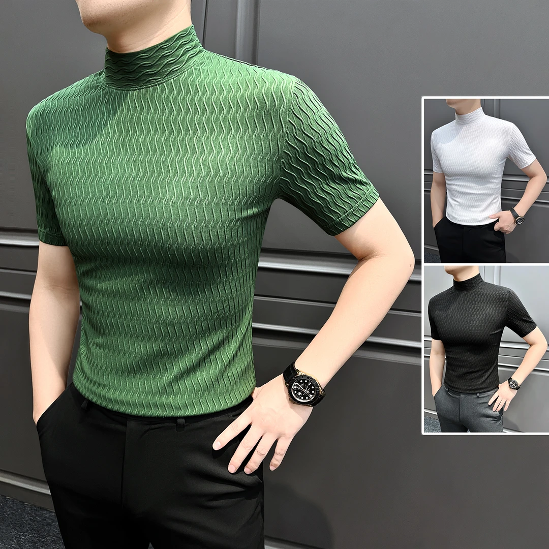 半高领条纹提花短袖t恤男款2025新款秋季洋气炸街男装男士打底衫