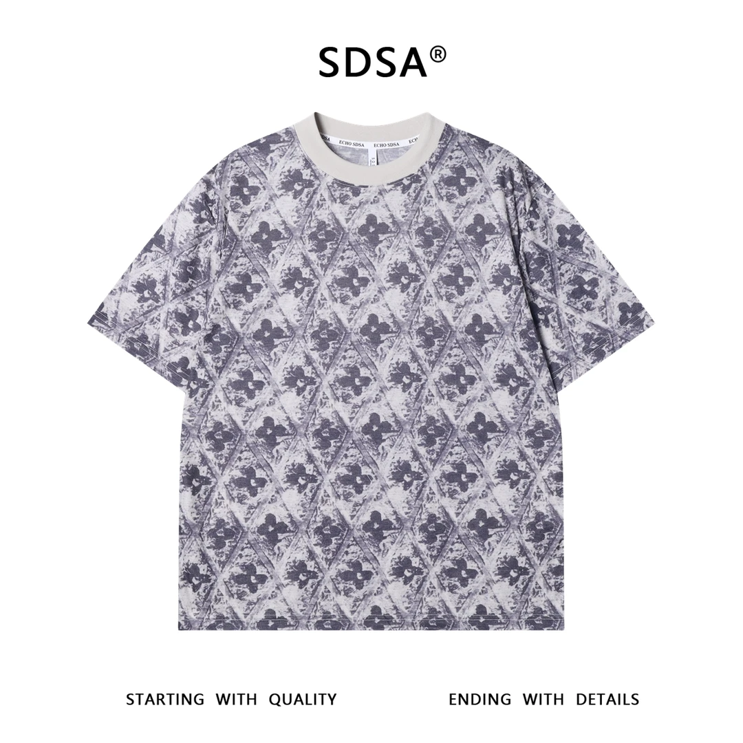 夏季高级感新款潮牌撞色菱形圆领短袖T恤百搭时尚宽松套头上衣