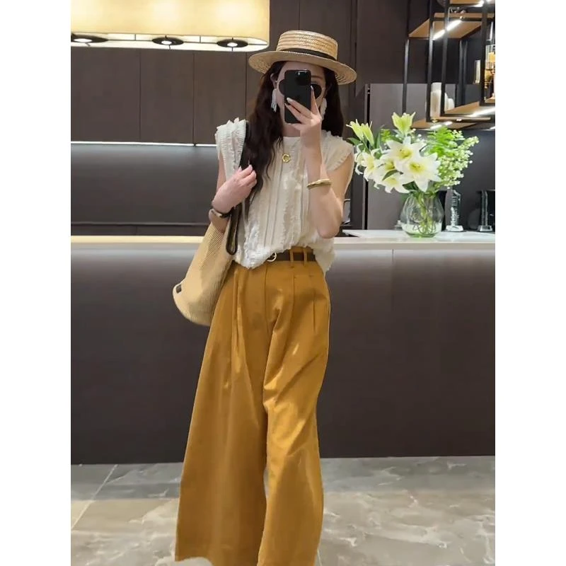 夏装搭配一整套时尚2025新款设计感流苏褶皱衬衫休闲阔腿裤两件套