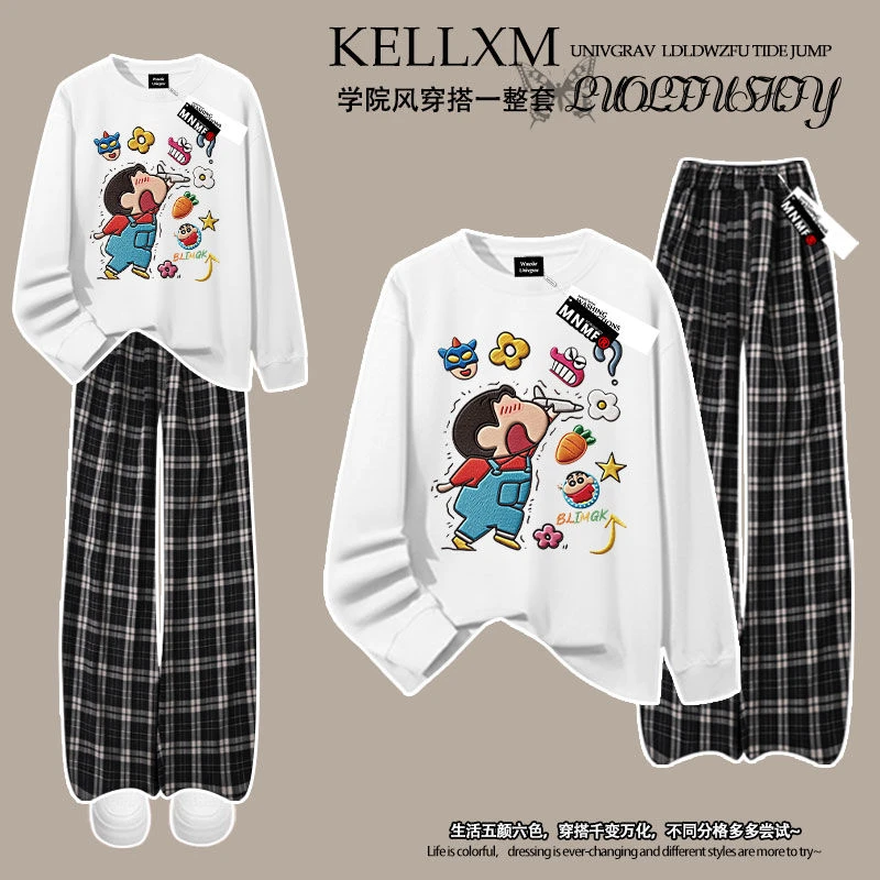 春秋2025新款蜡笔小新男女童纯棉螺纹长袖t恤格子裤套装中大童潮