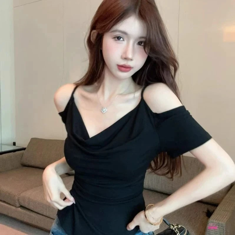 不规则露肩短袖t恤女夏纯欲甜辣妹短款一字肩吊带上衣