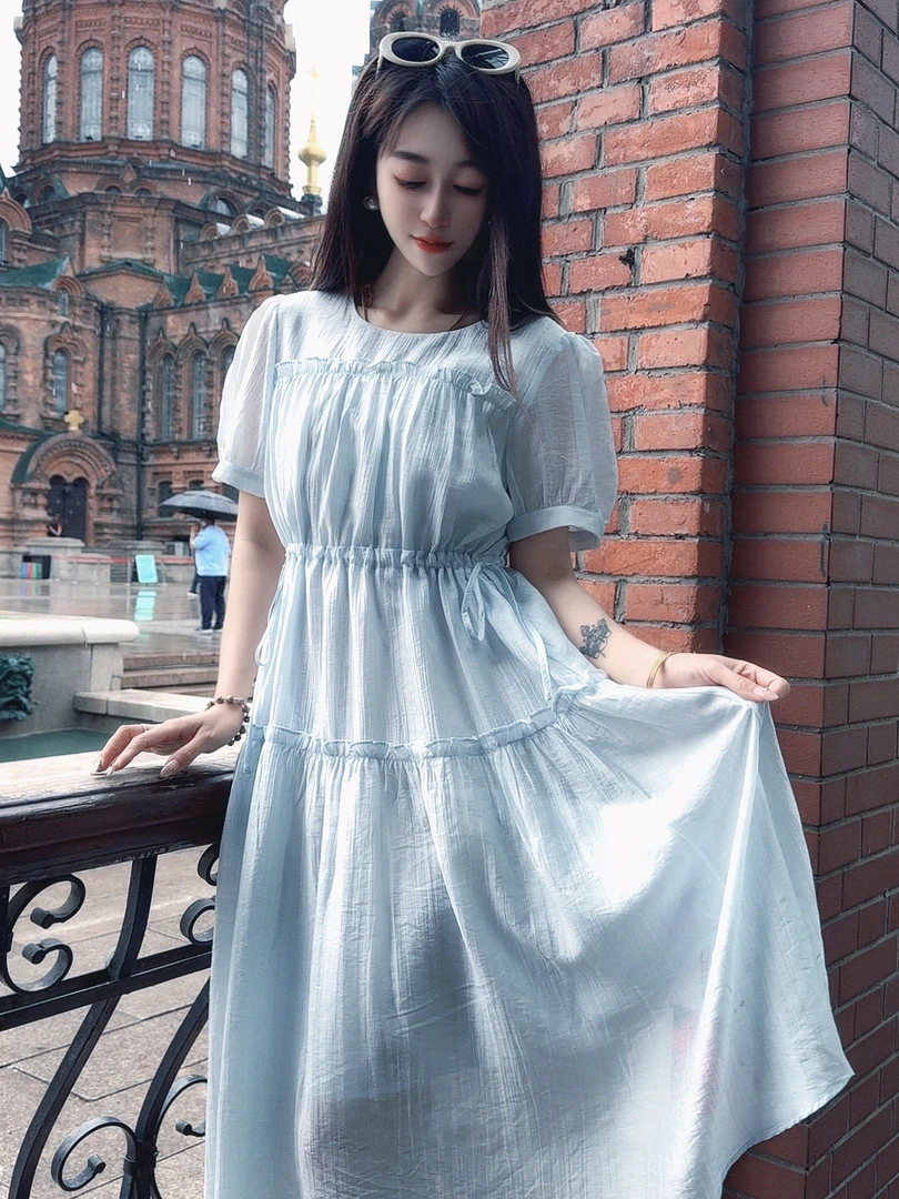夏季新款法式莱赛尔天丝掐腰清纯长连衣裙