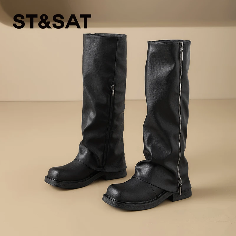 星期六黑色长筒靴女2025新款秋季厚底英伦风高筒裤管靴显瘦骑士靴