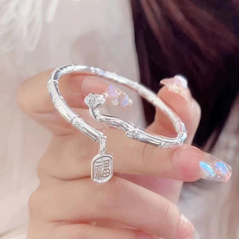 足银手镯 999.9纯银A10如意竹节银手镯纯银足银简约镯子