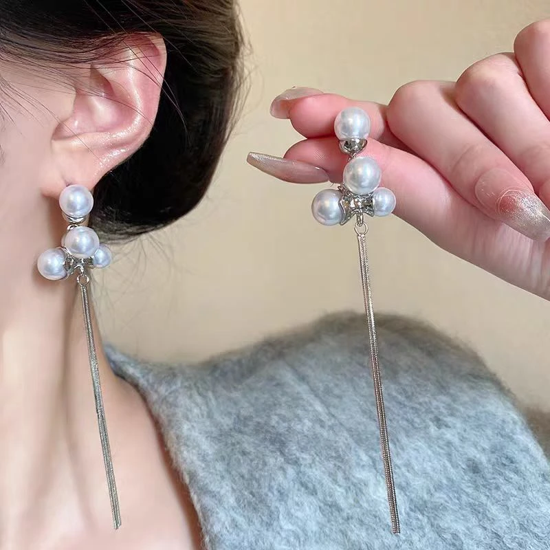 925银针长款流苏珠珠耳环女耳饰轻奢小众精致小饰品海边配饰