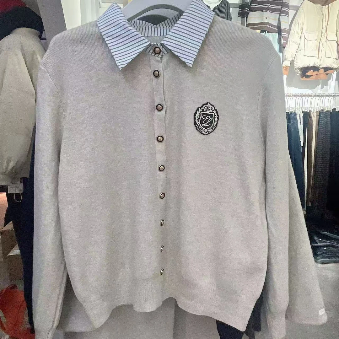 学院风Polo领条纹假两件针织开衫女春秋小个子衬衫领洋气毛衣上衣