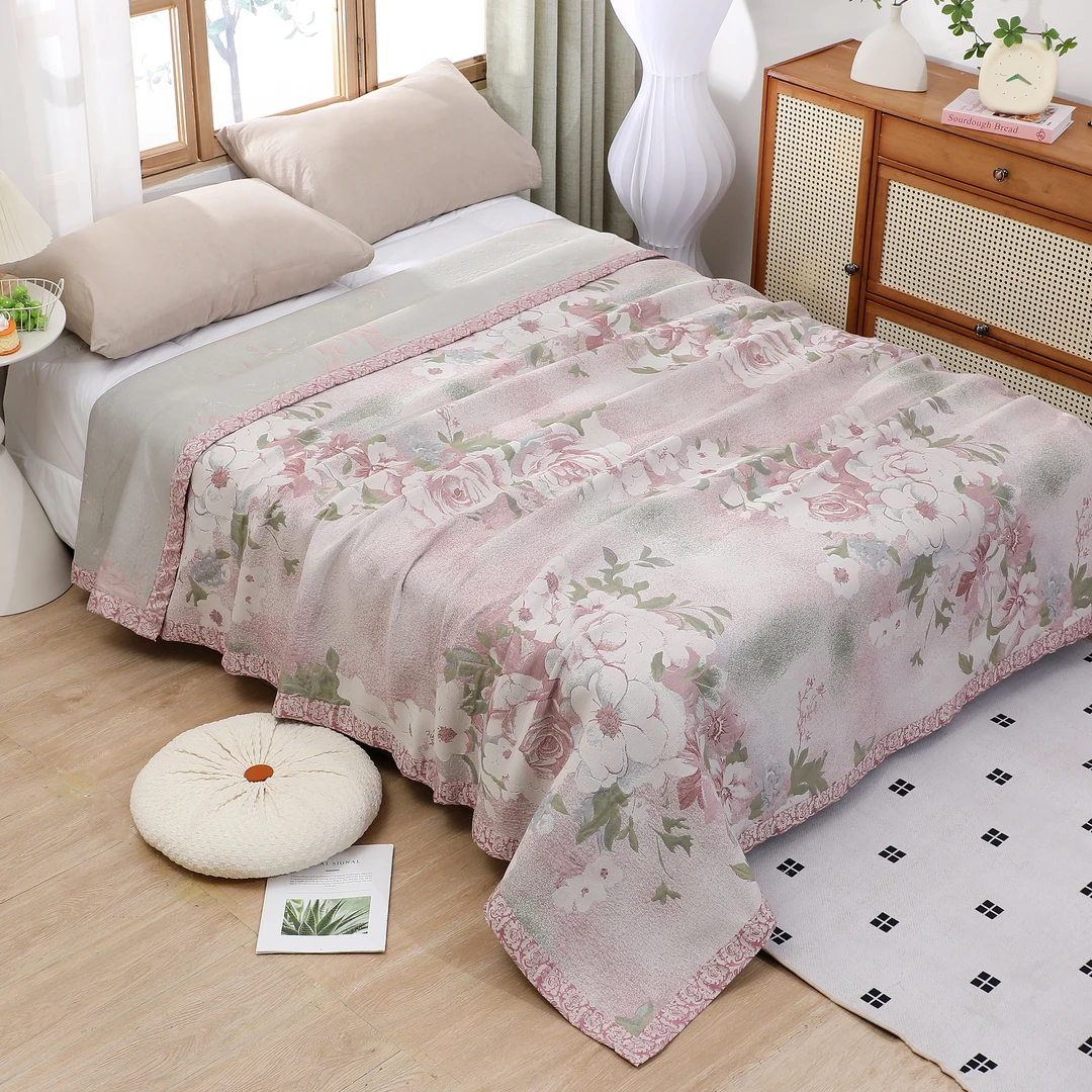 【床盖-加大彩韵芳华】230*250cm多层纱布亚麻棉细沙柔软通用床盖
