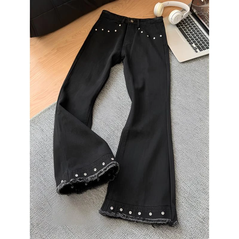 美式复古黑色毛边铆钉牛仔裤男小众高级感裤子高腰显瘦微喇直筒裤