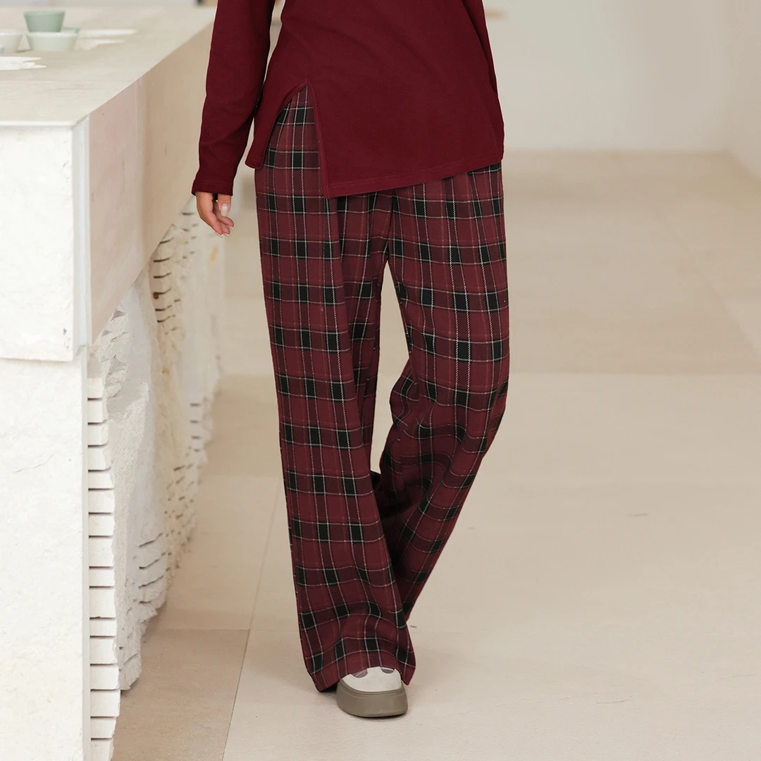 【秋减龄摇粒绒长裤】MsShe大码女装新款格子阔腿裤M2410207