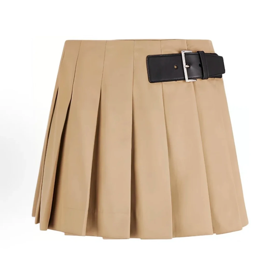 未使用 Prada/普拉达 25新季 腰带装饰百褶裙 纯色短裙 女款 秀款