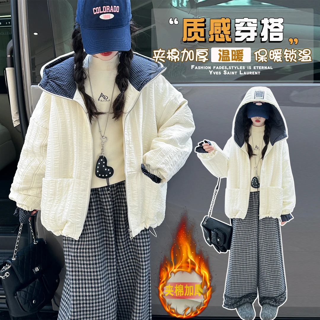女童秋冬夹棉外套6-12岁新款休闲宽松百搭设计感格子拼接棉服套装