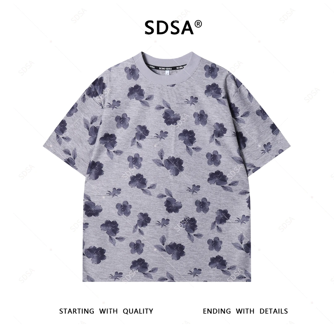 夏季高级感新款男士撞色花卉图案圆领短袖T恤小众设计简约上衣