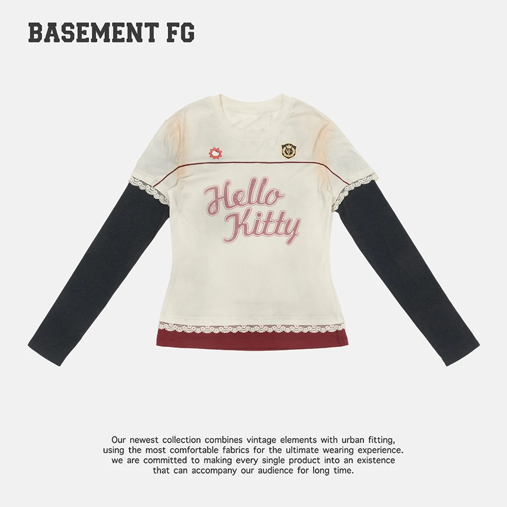 BASEMENTFGxHelloKitty美式复古拼接印花圆领长袖T恤