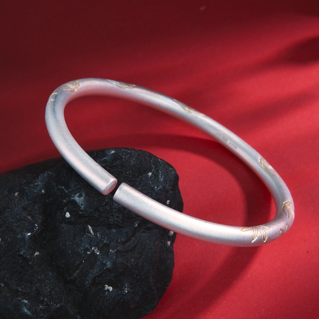 足银手镯 999.9【竹叶】约28克手工描金古法磨砂女款送人经典开口镯