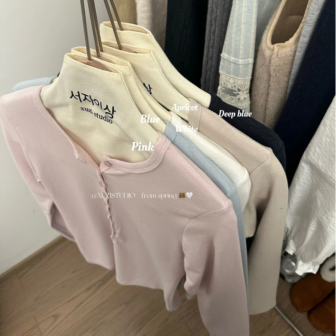 徐子 亨利假日·雪花咩绒排扣打底衫人均两件纯色修身防晒春日T恤