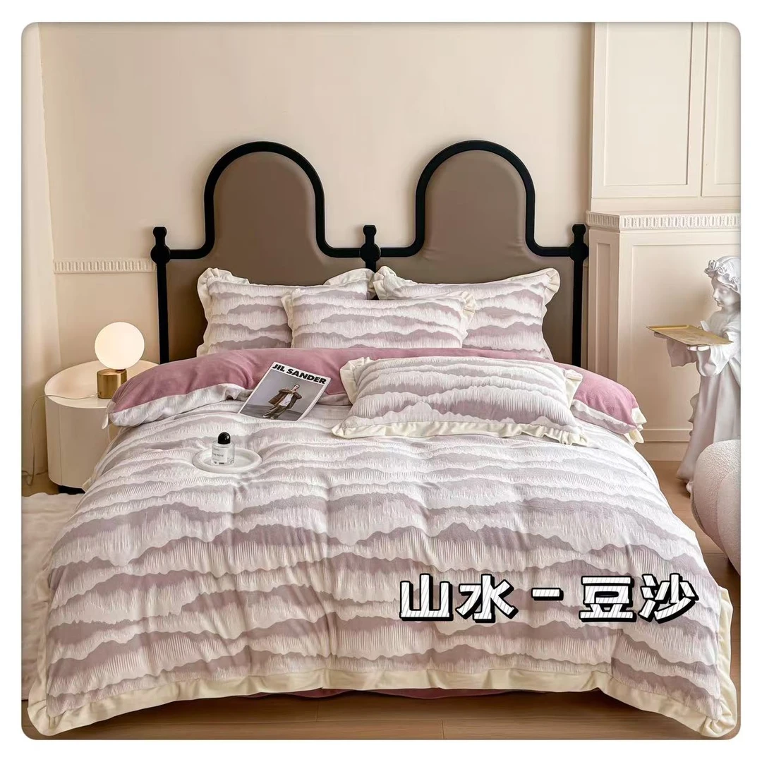 清仓。微瑕雕花绒四件套高级感浮雕加绒四件套，山水-豆沙