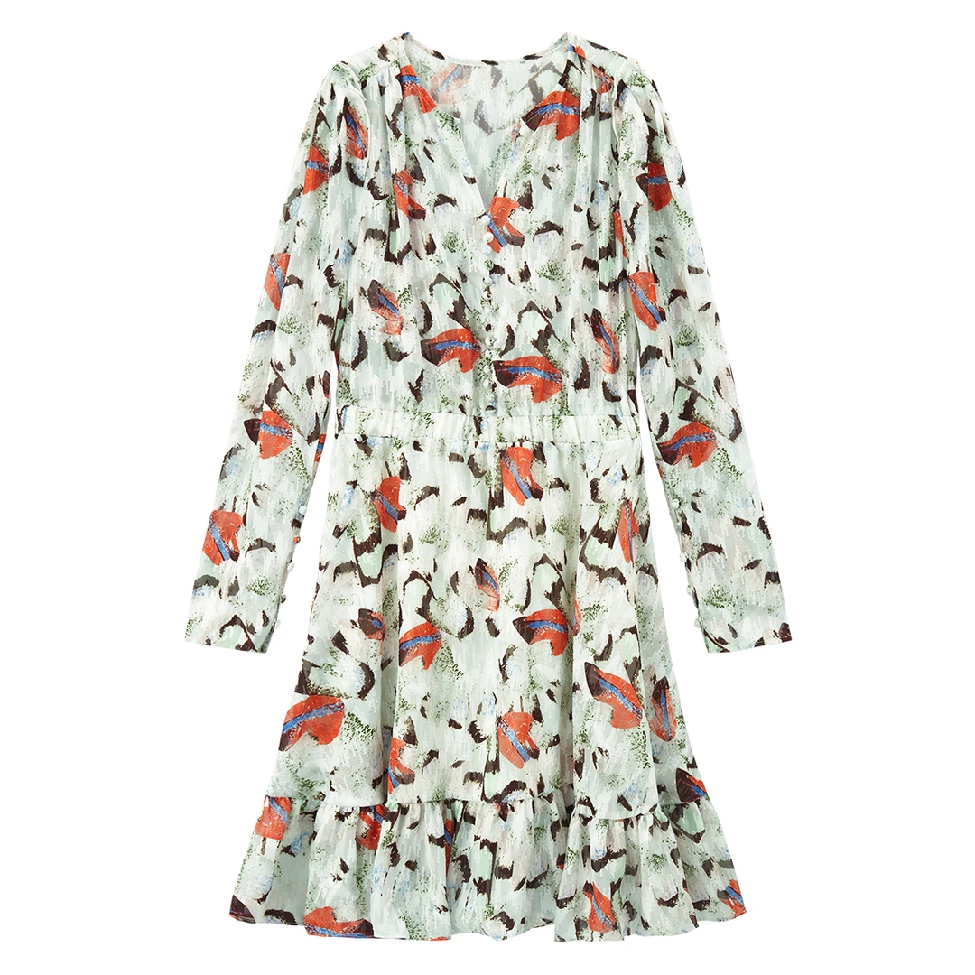 【许半夏推荐】小众设计感印花高腰长袖连衣裙E3090