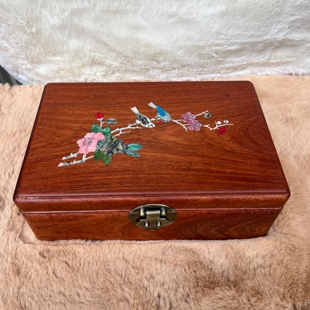 缅甸花梨木螺钿工艺贝壳镶嵌木制首饰盒28*18.8*10.5cm