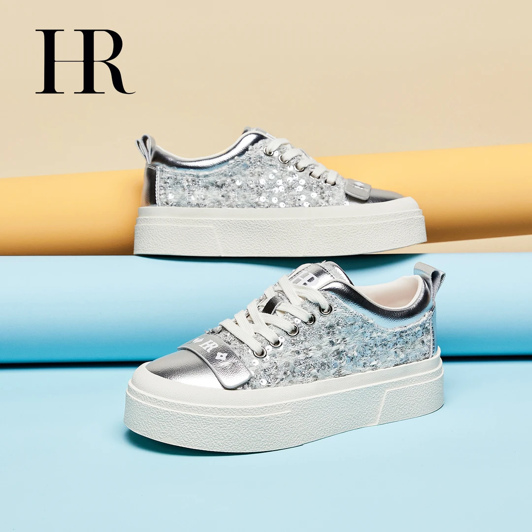 HR/赫莲娜厚底板鞋女鞋2025时尚新款银色百搭潮流小众运动休闲鞋
