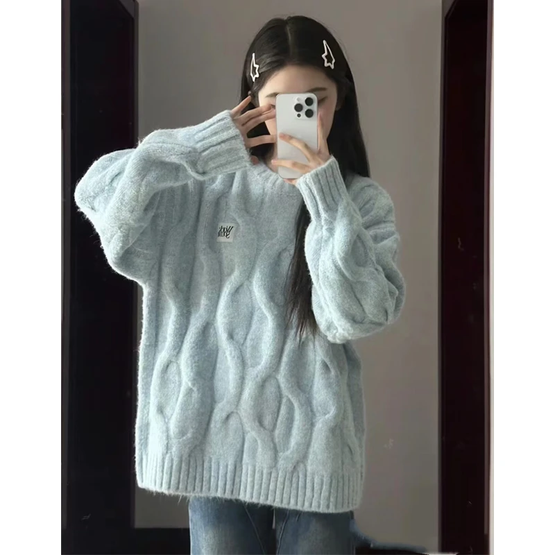 蓝色麻花套头针织毛衣女冬季穿搭慵懒加厚正肩内搭针织衫上衣秋冬