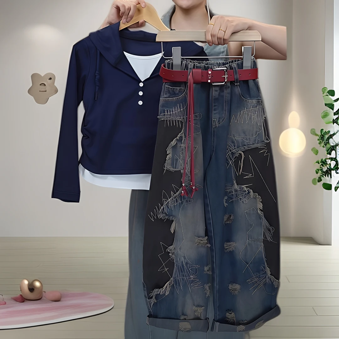 女童假两件打底衫弯刀裤套装2025新款春秋款长袖t恤拼色牛仔裤潮9